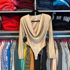 And Now This gold long sleeve cowl neck snap bottom bodysuit size S